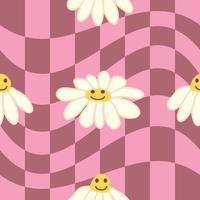 Retro Smile Chamomile Seamless Pattern on 1970 Wavy Swirl Seamless Pattern. Hippie Aesthetic. vector