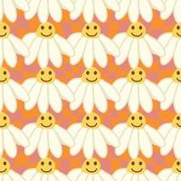 Retro Smile Chamomile Seamless Pattern on 1970 Wavy Swirl Seamless Pattern. Hippie Aesthetic. vector