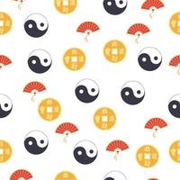 Chinese seamless pattern with feng shui chinese coin with hole, yin-yang, fan, paper lantern vector