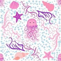 Seamless pattern with detailed transparent jellyfish. Childish seamless pattern with cute hand drawn fishes and jellyfishes in doodle style. Trendy nursery background vector