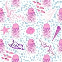 Seamless pattern with detailed transparent jellyfish. Childish seamless pattern with cute hand drawn fishes and jellyfishes in doodle style. Trendy nursery background vector