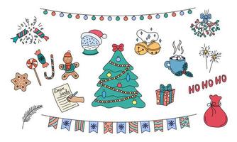 Christmas doodles vector set. Hand drawn colorful holiday elements isolated on white background. Christmas outline design objects tree, garland, jingle bells. Doodle illustration