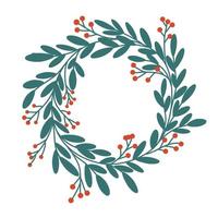 Christmas wreath. Decor for New Year Christmas and holiday. Wreath with holly berries, mistletoe, pine and fir branches, cones, rowan berries. Hand drawn illustration isolated on the white background vector