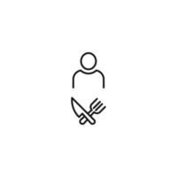 Black and white sign suitable for advertisement, web sites, stores, shops, apps. Editable stroke drawn with thin black line. Vector icon of user next to crossed knife and fork