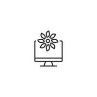 Item on pc monitor. Outline sign suitable for web sites, apps, stores etc. Editable stroke. Vector monochrome line icon of flower on computer monitor