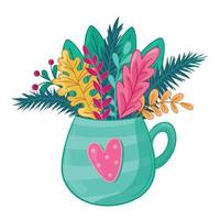 Vector illustration autumn cup with autumn leaves and fir branches, sprig of viburnum