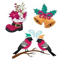 Christmas set bells, christmas red shoe,  bullfinches or robin in Christmas had on white isolated background vector