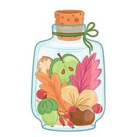 recuerdos de otoño con hojas, manzana, bellota, nuez, viburnum, castaña, ginkgo, escaramujo, tarro de cristal con corcho artesanal vector