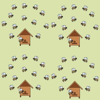 Bee apiary. Beehive with bees in cartoon style. Seamless pattern. Vector illustration on a light green background.
