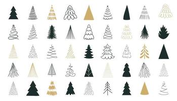 conjunto dibujado a mano de árboles de arte de línea de navidad. ilustración de año nuevo. Bosques de dibujo de garabatos abstractos. feliz navidad vectores