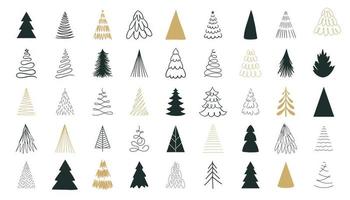 Hand drawn set of Christmas line art trees. New Year illustration. Abstract doodle drawing woods. Merry Christmas vector