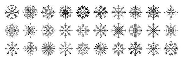 Hand drawn set of Christmas line art snowflake. New Year white ice crystal illustration. Abstract doodle drawing Winter symbol. Christmas logo sign vector