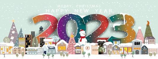 Vector 2023 Happy New Year and Merry Christmas with Winter city landscape on green sky background. Winter wonderland in the town with snow falling on New year eve,Design banner for greeting card