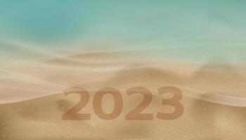 concepto de banner de fondo de año nuevo con números 2023 en playa de arena amarilla con forma de ola oceánica azul, vista superior vectorial turquesa junto al mar con ola suave y fondo de textura de duna de arena marrón vector