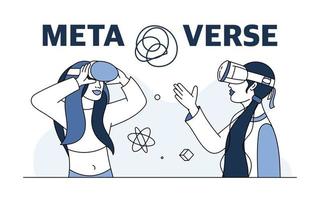 Two teenage girls in virtual reality glasses . The metaverse concept. Technologies of games in virtual reality. Vector illustration