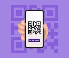 QR code scan service banner. 3d hand with smartphone scans QR code. Template design for website, landing page, ui, social media. Vector illustration