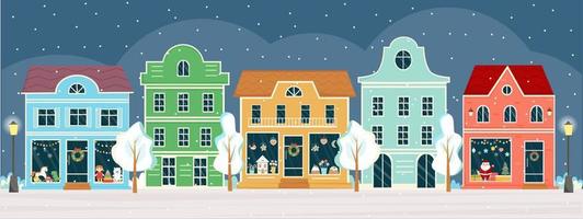 Street with shops and houses at winter night on Christmas eve. Sweet shop, candy store, confectionery, bakery with Christmas decoration. Winter town, city panorama. Christmas shop, street. vector