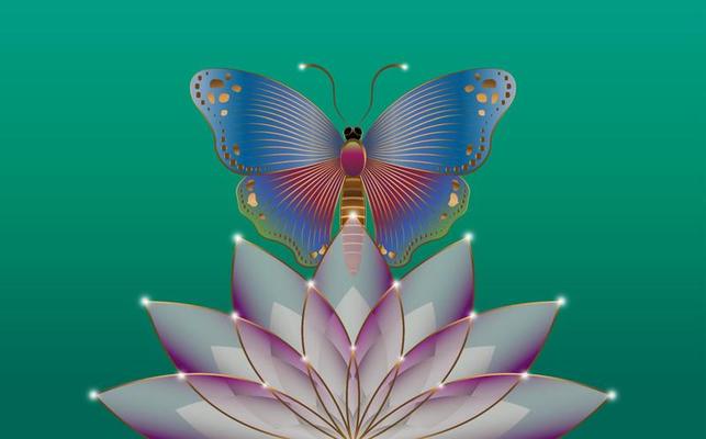 Sacred lotus flower and mystical butterfly logo Slogan with colorful Butterfly purple flower template. Vector Design for Fashion, Poster and Card Prints, isolated on green background