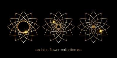 colección de juegos de flores de loto dorado, mandala floral, adorno circular estilizado, logotipo floral de arte lineal. símbolos de flor de yoga, spa, salón de belleza, cosméticos, relajación, estilo de marca. vector aislado