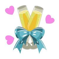 Two glasses of Mimosa with a ribbon bow and hearts around in flat technique vector