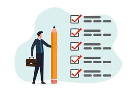 Businessman holding pencil tick all completed task checkbox. Getting things done, completed tasks or business accomplishment concept. vector