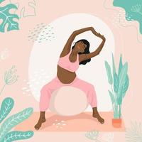 Pregnant african american girl in a sports suit on a fitness Ball. Fit Ball exercises. Working out and fitness, healthy Pregnancy concept. Flat vector illustration.