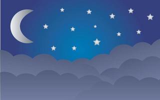 Night Sky Dark Blue Background with Crescent Moon Stars and Clouds vector