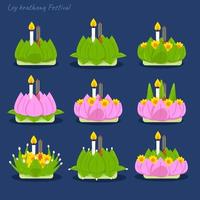 Vector illustration of a Krathong, Loy Krathong festival. Krathong collection. Isolated background.