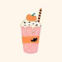 Cute vector illustration of pumpkin spice latte with cute pumpkin in foam. Hand drawn. All elements are isolated