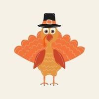 Feliz día de acción de gracias. pavo de dibujos animados en un sombrero de peregrino. vector