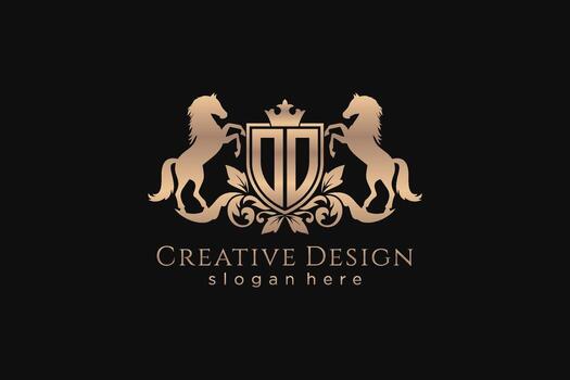 initial OO Retro golden crest with shield and two horses, badge template with scrolls and royal crown - perfect for luxurious branding projects vector
