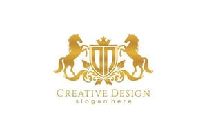 initial ON Retro golden crest with shield and two horses, badge template with scrolls and royal crown - perfect for luxurious branding projects vector