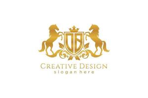 initial OB Retro golden crest with shield and two horses, badge template with scrolls and royal crown - perfect for luxurious branding projects vector