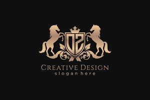 initial OZ Retro golden crest with shield and two horses, badge template with scrolls and royal crown - perfect for luxurious branding projects vector