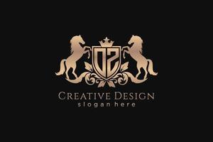 initial OZ Retro golden crest with shield and two horses, badge template with scrolls and royal crown - perfect for luxurious branding projects vector