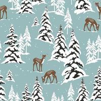 Snowy landscape seamless pattern with deer, chalet and snowy pine trees. Perfect for textile, wallpaper or print design. vector