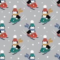 Seamless pattern with cute penguins on snowmobile. Perfect for textile, wallpaper or print design. vector