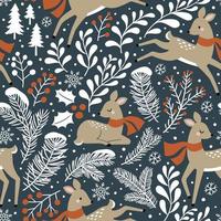 Seamless pattern with cute Christmas deer, pine trees, berries and snowflakes on dark grey background. vector