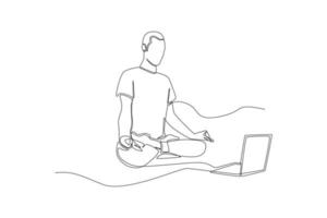 Single one line drawing Man having yoga course online via laptop at home. Virtually concept. Continuous line draw design graphic vector illustration.