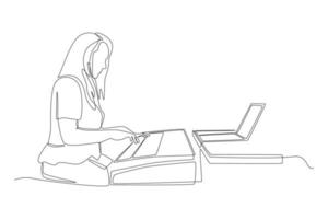 Single one line drawing Girl sitting playing piano with video on laptop during online learning from home. Virtually concept. Continuous line draw design graphic vector illustration.