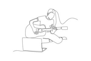 Single one line drawing young boy with laptop learning playing guitar by Online video. Virtually concept. Continuous line draw design graphic vector illustration.