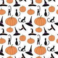 Vector Halloween seamless pattern. Black cat, pumpkin, witch hat. Design for Halloween decor, textile, wrapping paper, wallpapers, sticker, greeting cards.