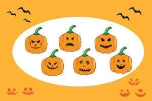 linterna de calabaza malvada para halloween. espeluznante elemento de diseño de calabaza aterradora para halloween. conjunto de ilustraciones planas vectoriales de cabezas de calabaza icono diseño simple aislado en fondo naranja con patrón de murciélago vector