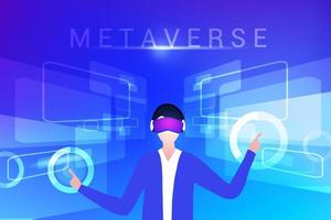 Man wearing virtual reality goggle glass, having 3d experience in business virtual reality vector illustration. Metaverse and blockchain 3D experience technology concept