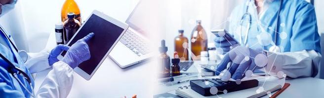 Medicine doctor hand working on a patients x-ray scans digital healthcare and connection with modern virtual screen interface icons, Medical technology and network concept. photo