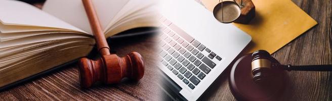 Business and lawyers discussing contract papers with brass scale on desk in office. Law, legal services, advice, justice and law concept picture with film grain effect photo