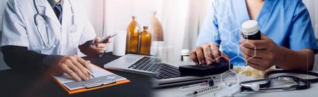 Medicine doctor hand working on a patients x-ray scans digital healthcare and connection with modern virtual screen interface icons, Medical technology and network concept. photo