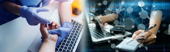 Medicine doctor hand working on a patients x-ray scans digital healthcare and connection with modern virtual screen interface icons, Medical technology and network concept. photo