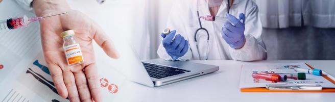 Medicine doctor hand working on a patients x-ray scans digital healthcare and connection with modern virtual screen interface icons, Medical technology and network concept. photo