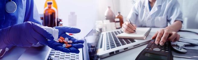 Medicine doctor hand working on a patients x-ray scans digital healthcare and connection with modern virtual screen interface icons, Medical technology and network concept. photo